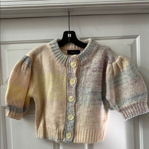 En Saison Multicolor Knit Cardigan with Short Puff Sleeves & Button Details NWT